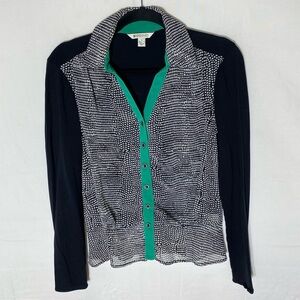 Vintage Spanner Black White Dots Print Button Up Blouse with Green Trim 2